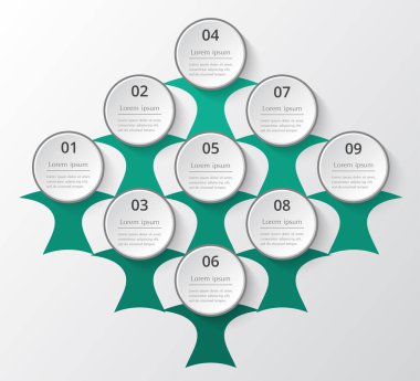 Şablon, grafik, sunum ve grafik. 9 seçeneğe, parçaya, aşamaya veya sürece sahip iş konsepti