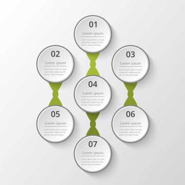 Şablon, grafik, sunum ve grafik. 7 seçeneği, bölümü, adımı veya süreci olan iş konsepti