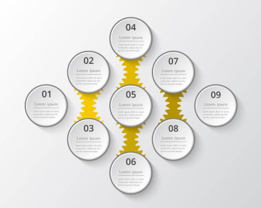 Şablon, grafik, sunum ve grafik. 9 seçeneğe, parçaya, aşamaya veya sürece sahip iş konsepti