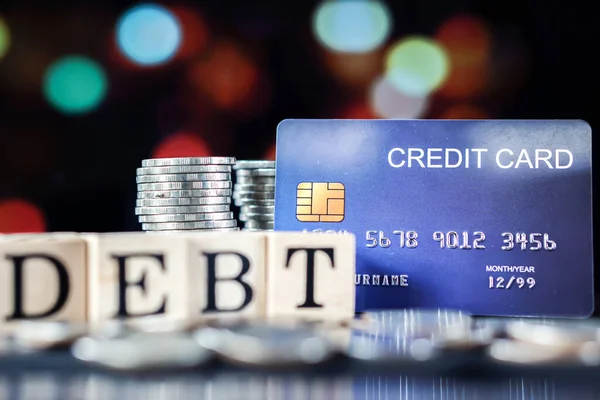 Stivă Monede Cuvânt Datorie Card Credit Conceptul Afaceri Finanțe — Fotografie, imagine de stoc