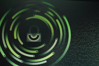 İkili bilgisayar ekran - bilgisayar veri koruma üzerindeki kilit beyaz grafik sembolü. Internet iş siber güvenlik sistemi kavramı