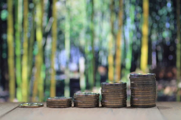 Environmental friendly economy. Finance business of saving nature. Coin pile stacked in increasing chart shape on wood board with out of focus forest of big tall green trees background.