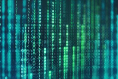 Büyük verilerin gücü. bilgisayar monitörü ekranında ikili kod bilgisi bit. Bir ve sıfır numaralı hafif mesajlar. Bulanık, bulanık, mavi, beyaz bokeh ışığı. teknolojik grafik tasarım arka planı