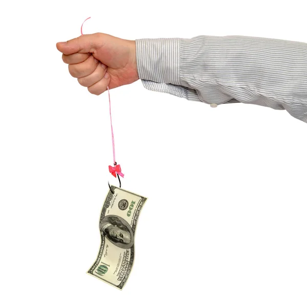 Mužské podnikatel, bankéř, finančník drží rybářský háček s dolarovou bankovku. — Stock fotografie