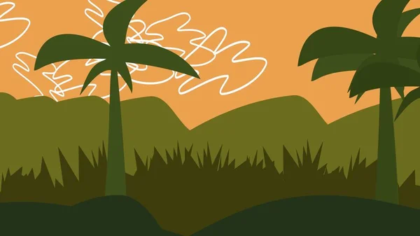 Cartoon background with palms in mountain, abstract backdrop