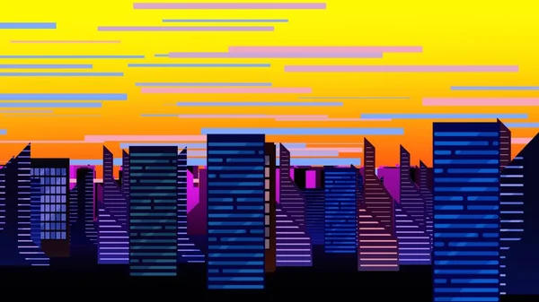 Cartoon background with motion clouds and buildings, abstract ci