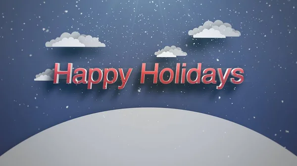 Closeup Happy Holidays text, mountains and snowing landscape