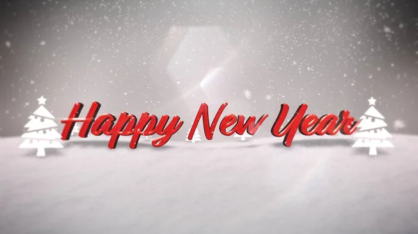 Happy New Year text, mountains, forest and snowing landscape
