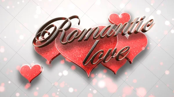 Closeup Romantic Love text and romantic heart on Valentines day shiny background. Luxury and elegant style 3D illustration for holiday
