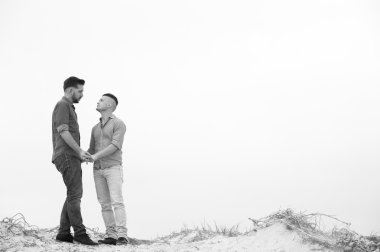 Eşcinsel erkekler bir kumsalda kucaklayan