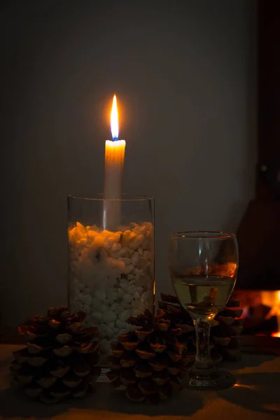 Wino i jodła szyszki przed ogniem — Zdjęcie stockowe