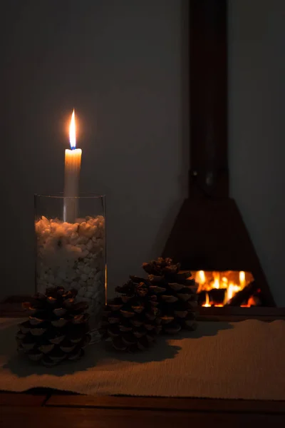 Cônes de vin et de sapin devant un feu — Photo