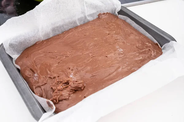 Melted Chocolate Fudge Mixture Being Poured Set Baking Tray Part — Stock Photo, Image