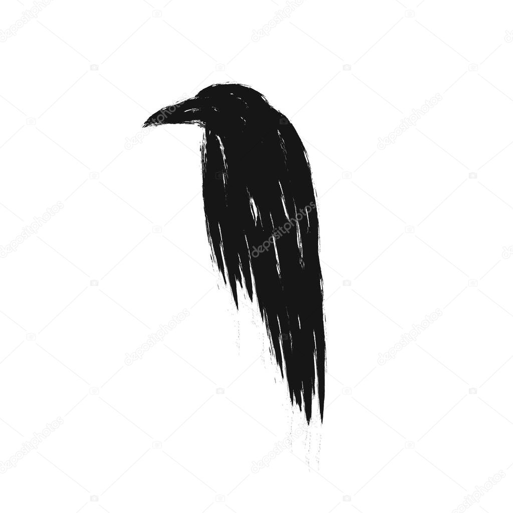 Black raven bird silhouette hand drawn monochrome tattoo. Vector flat stock illustration isolated on a white background
