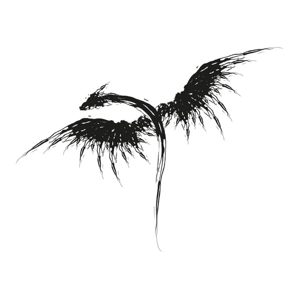 Siyah uçan ejderha ve kanatlı dövme silueti. Beyaz arkaplanda izole edilmiş vektör deposu düz el çizimi. 