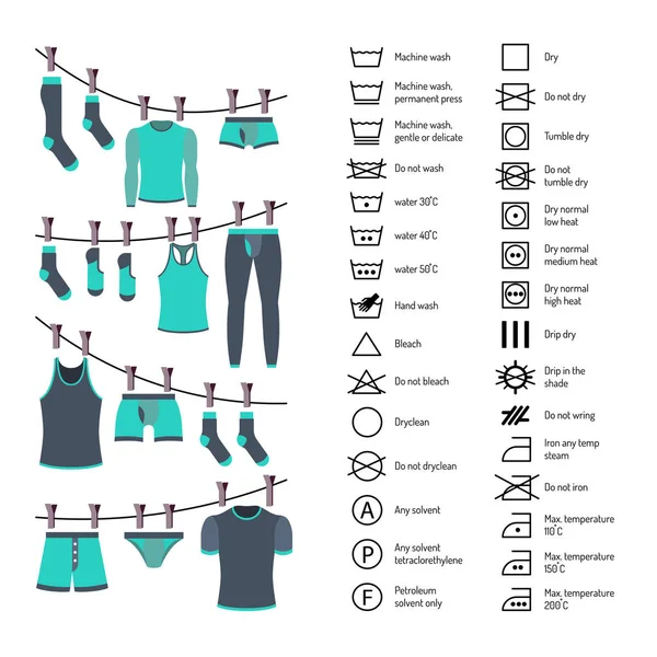 Ikonok beállítása mosás ruházat — Stock Vector