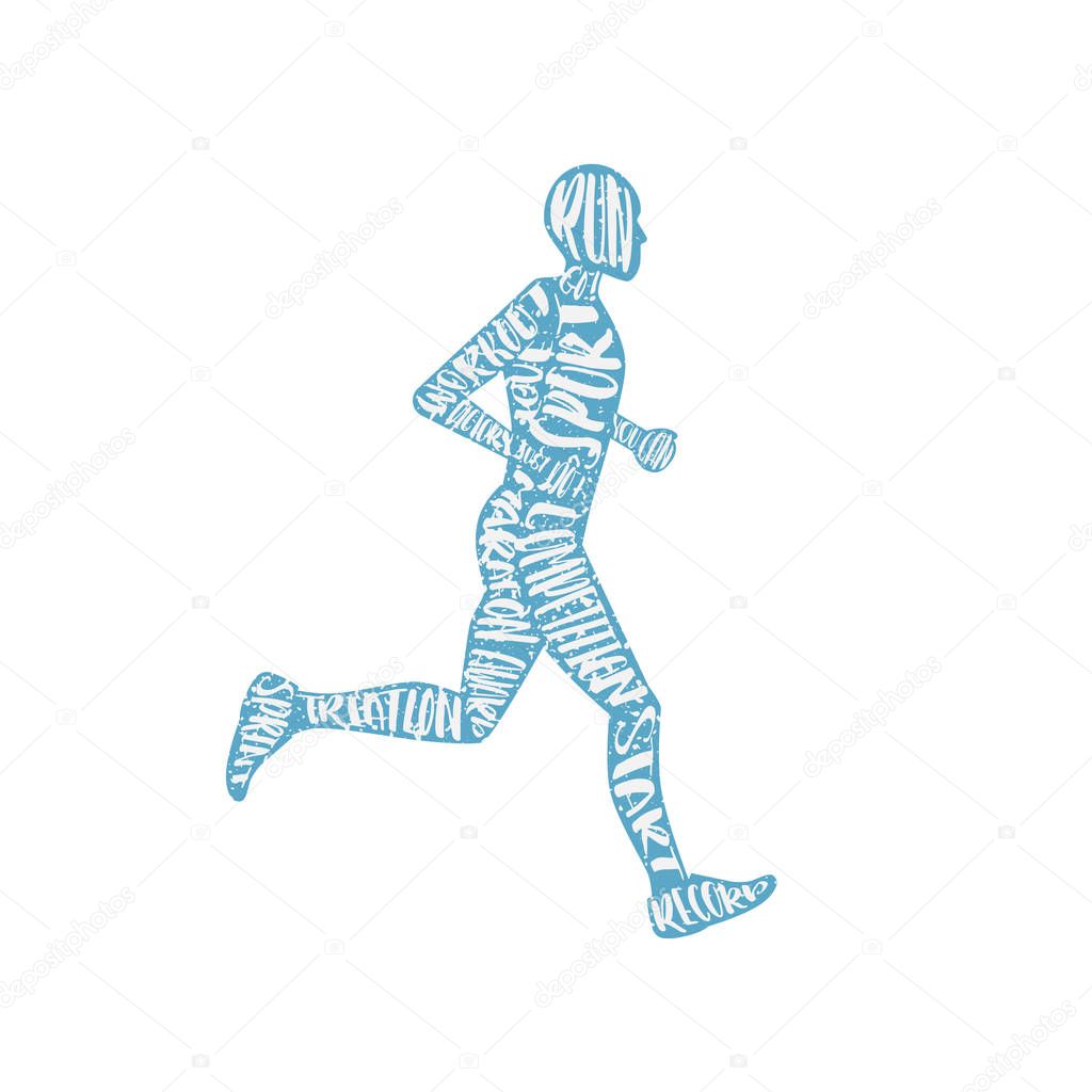Vector typography poster with training man silhouette. Quote for card. Creative print. The figure a man running motivational poster in conjunction with print composition lettering. Isolated run man.