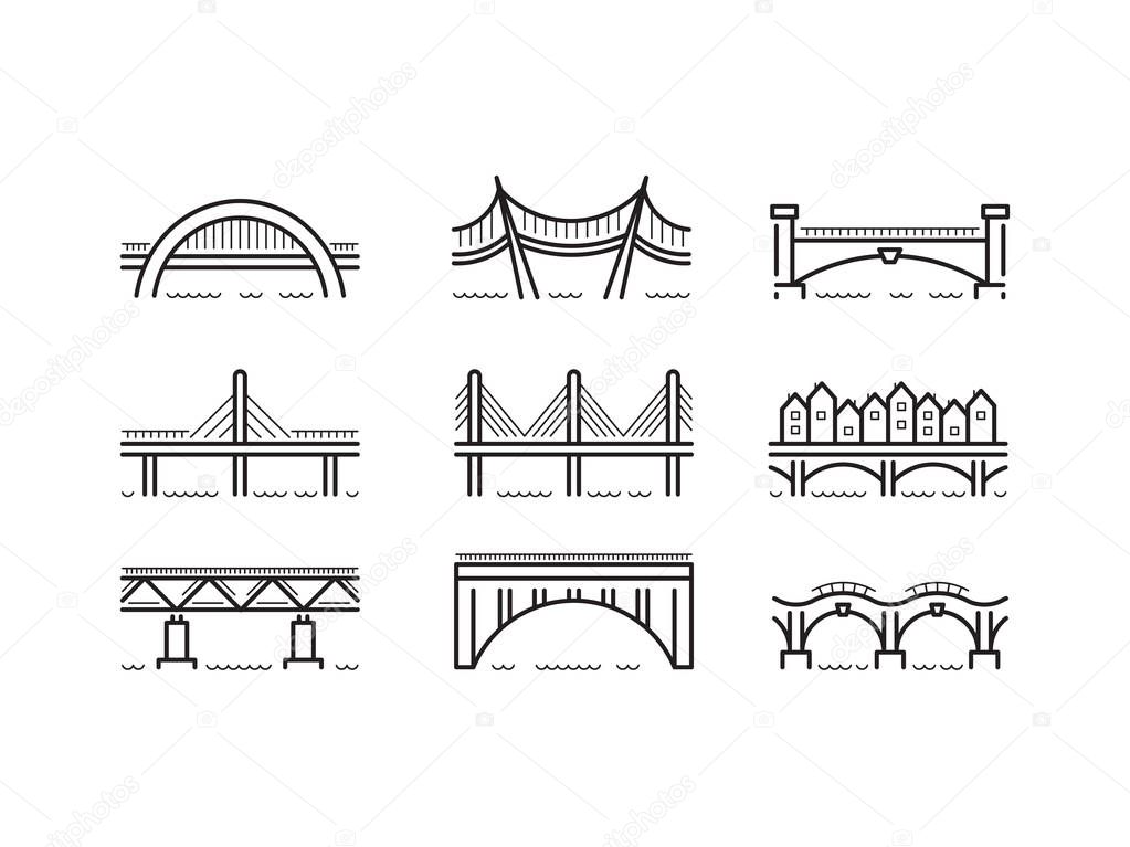 bridge line icon set vector