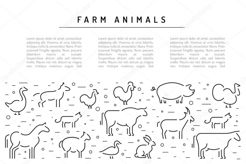 Banner with place for text informing about the usefulness of natural farm products. Vector farm animals in a linear style isolated on white background.