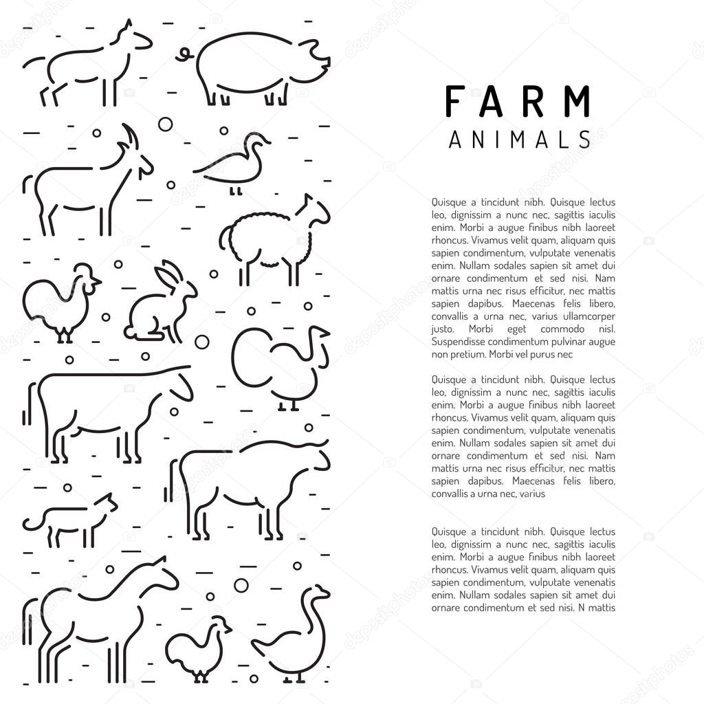 Banner with place for text informing about the usefulness of natural farm products. Vector farm animals in a linear style isolated on white background.