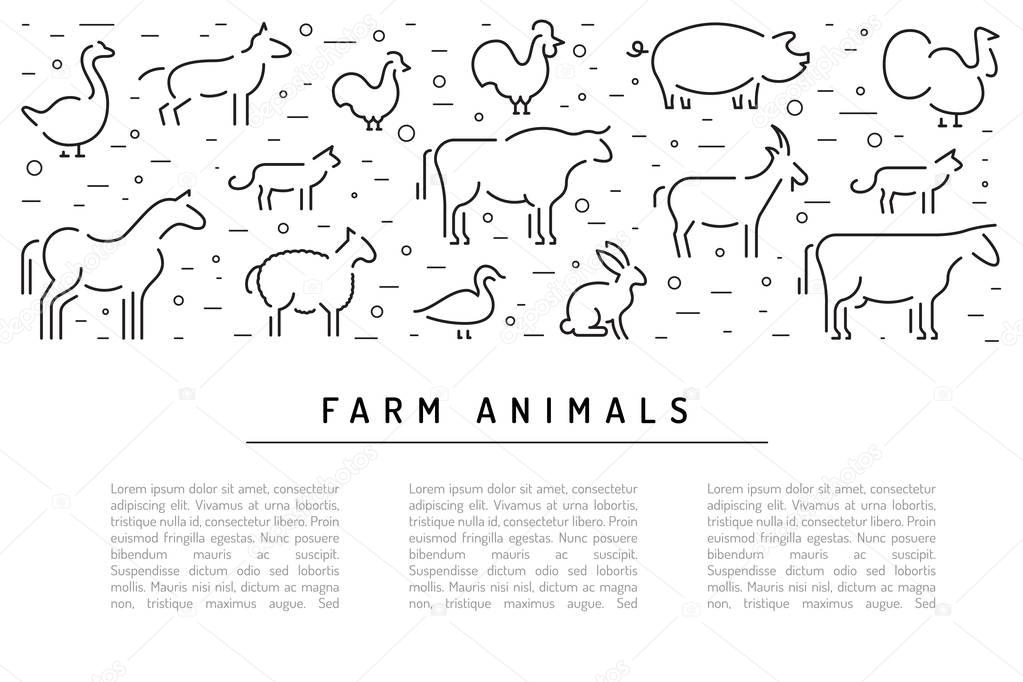 Farm animals flat linear on a white background banner with place for text. Booklet for advertising of farm products
