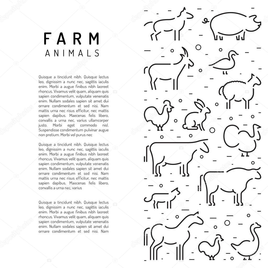 Farm animals flat linear on a white background banner with place for text. Booklet for advertising of farm products