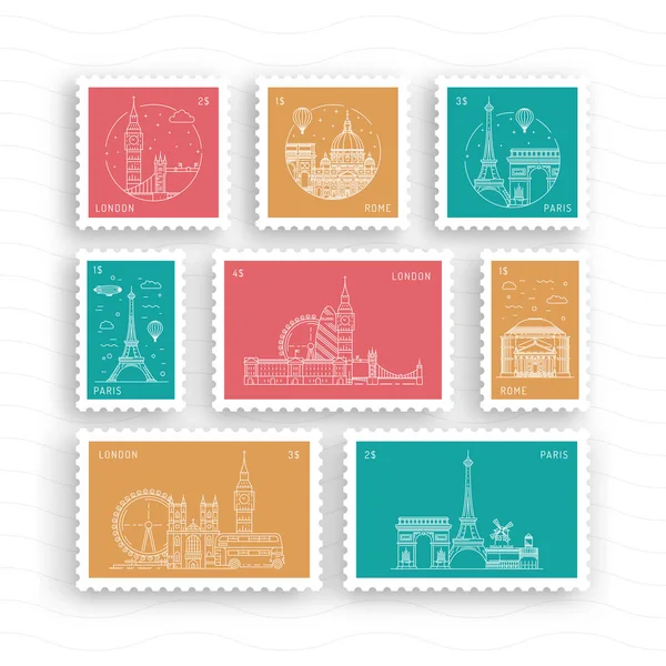 Почтовые марки с архитектурными памятниками — стоковый вектор