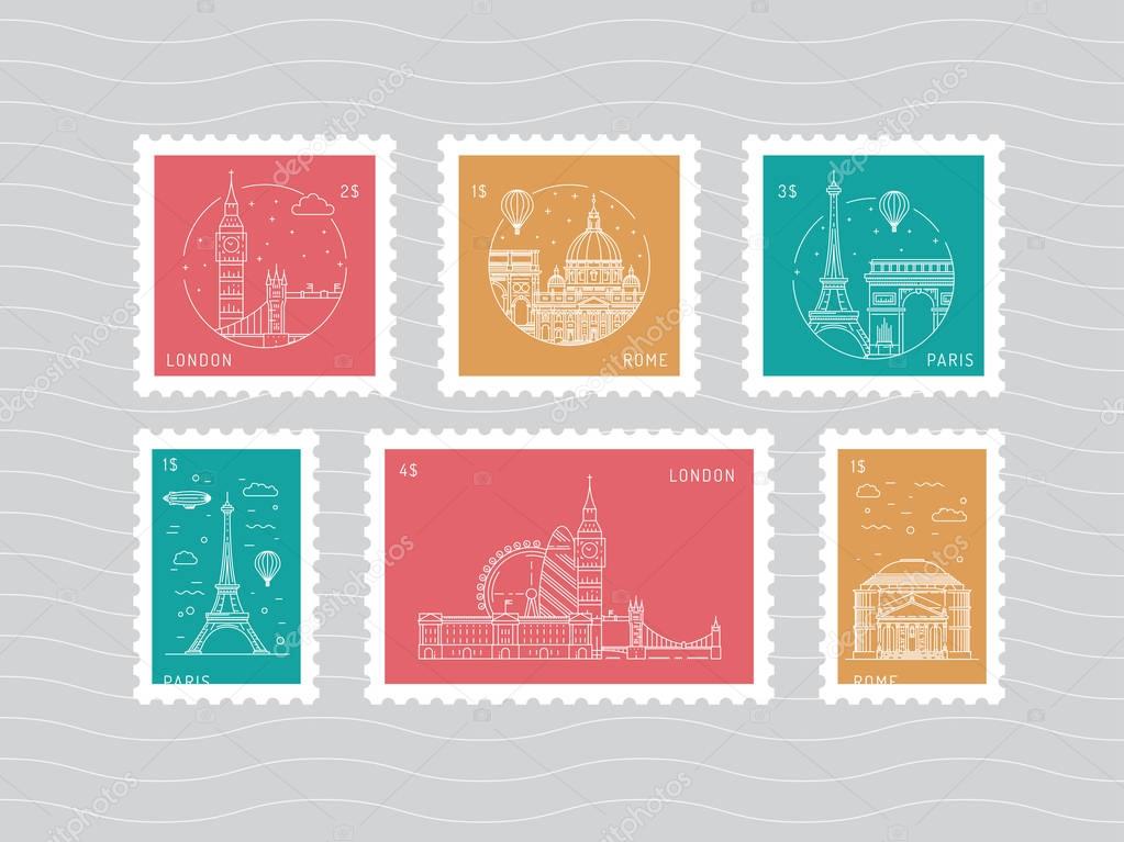 postage stamps with architectural landmarks