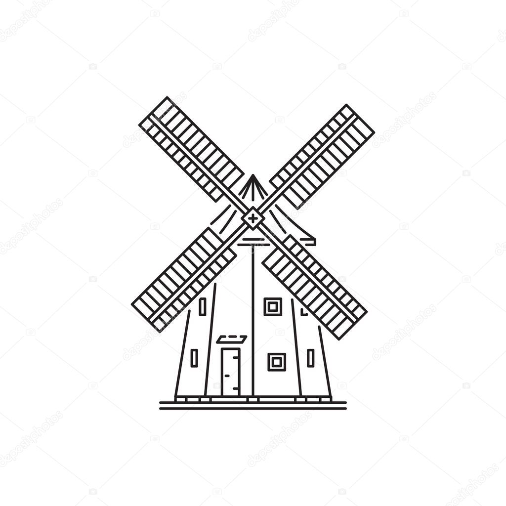 Linear icon in a outline style windmill isolated on a white background. Mill building for grinding grain into flour. Village farm buildings.