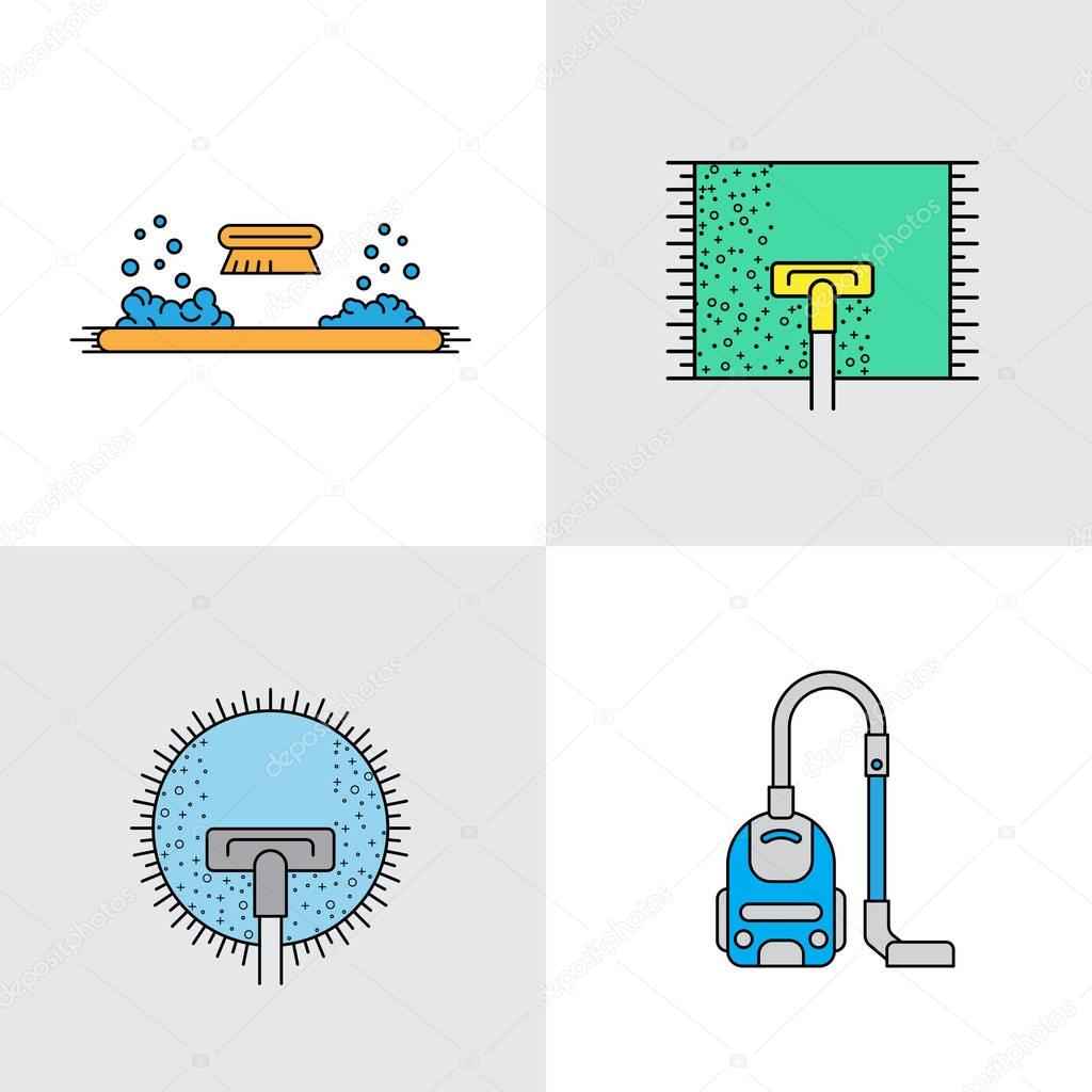 Cleaning of carpets with vacuum cleaner and detergents drawn in a linear style. Vector logo of the cleaning company, booklet, flyer