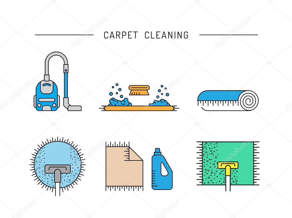 Cleaning of carpets with vacuum cleaner and detergents drawn in a linear style. Vector logo of the cleaning company, booklet, flyer