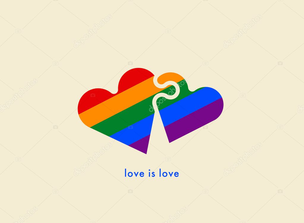 Two Hearts in rainbow colors, LGBT symbol. Love is Love LGBTQ quote. Gay Pride Flag Rainbow colors. Love day vector stock illustration.