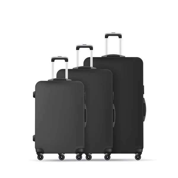 Maleta de plástico de viaje negra con ruedas Realístico equipaje de mano — Vector de stock