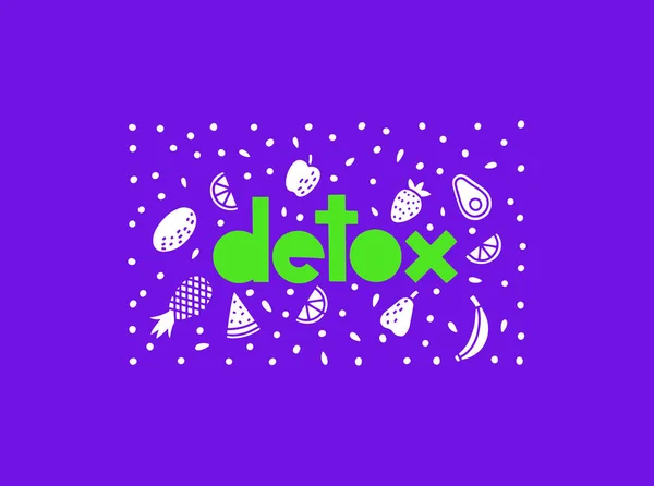 Detox Vector Letras con frutes y vegs iconos. Concepto de dieta de desintoxicación . — Vector de stock