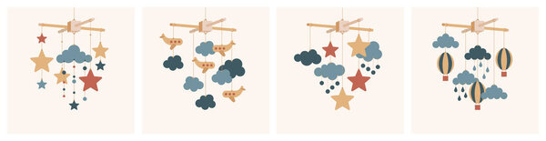 Vector baby mobile set. Mobile pendant toy accessory for nursery room.