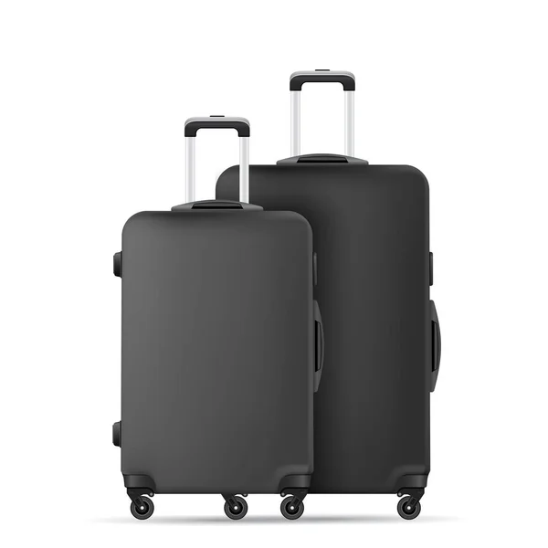 Maleta de plástico de viaje negra con ruedas Realístico equipaje de mano — Vector de stock