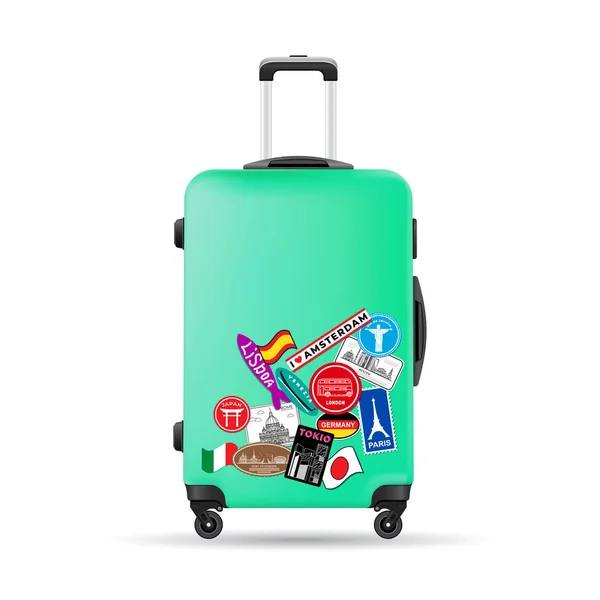 Green travel plastic suitcase with wheels realistic hand Luggage — Stock Vector