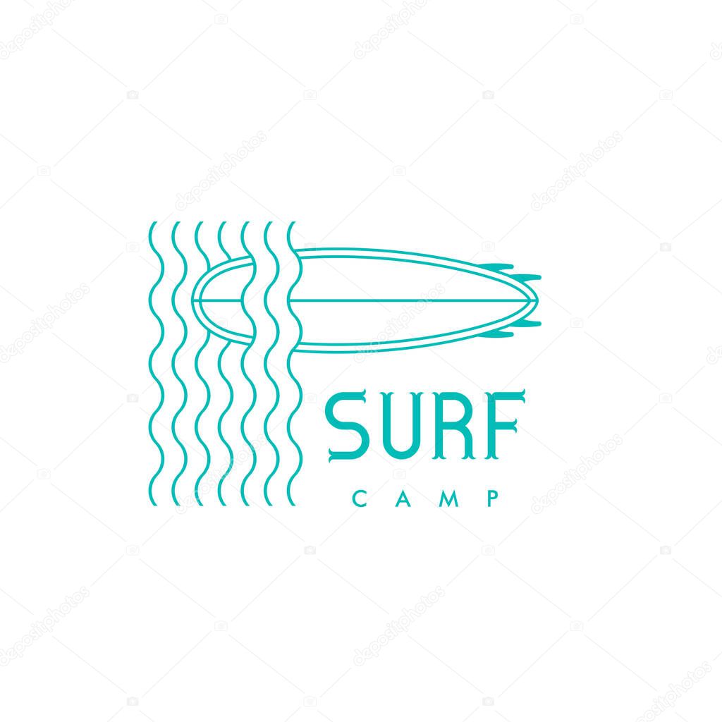 Surfing vector stamp style lettering. Surf board camp logotype. Surfing sports camp logo with surfboard and waves. Sports surfing trip banner, surf station, summer T shirt design or tattoo design.