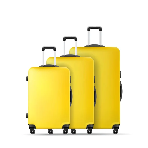 Maleta de plástico de viaje amarillo con ruedas Realístico equipaje de mano — Vector de stock