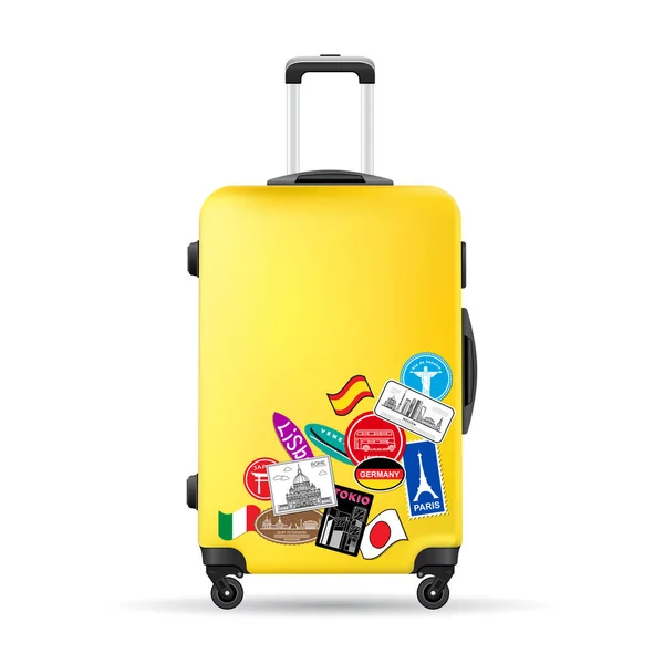 Gele reis plastic koffer met wielen en stickers realistische hand Bagage — Stockvector