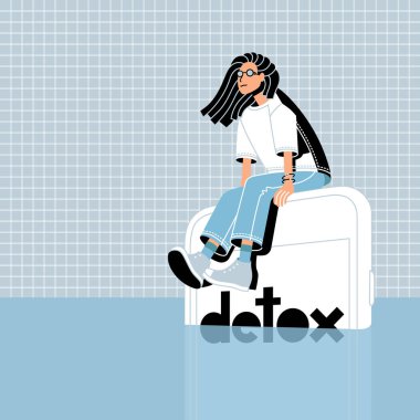 Dijital detoks konsepti. Kadın telefonda oturmuş tatil gezisinde denize bakıyor..