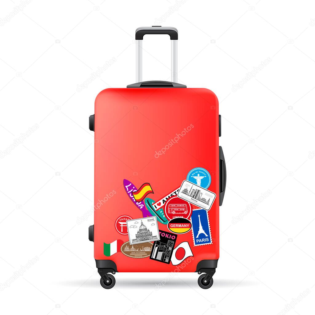 red travel plastic suitcase with wheels and stickers realistic hand Luggage