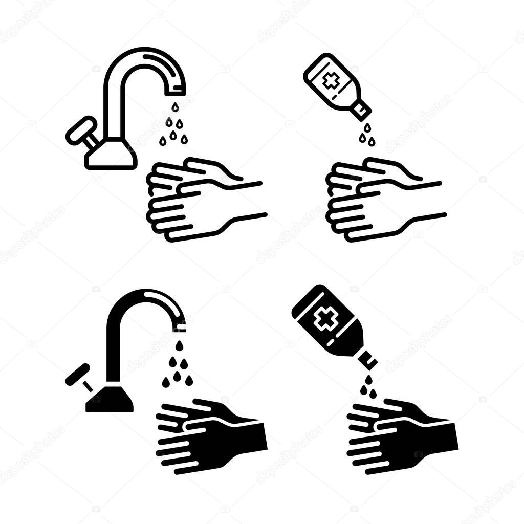 Hand sanitizer and hand washing icon in line art