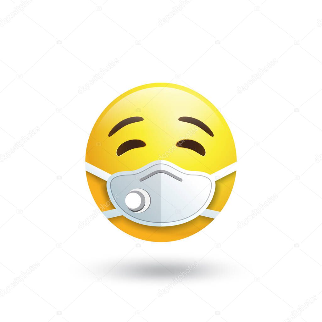 Emoji with mouth mask respirator, yellow face