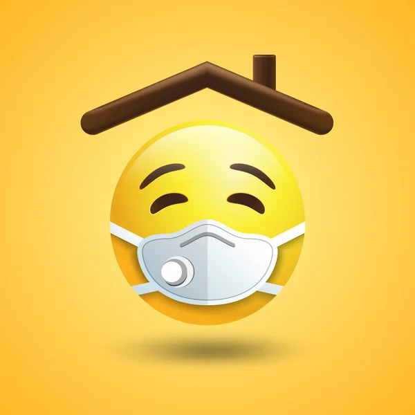 Tetap di rumah emoji stiker, Atap rumah dengan emoji di masker medis - Stok Vektor