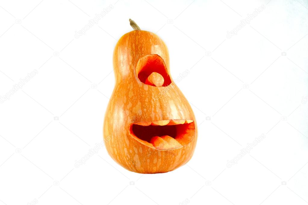 cheerful Halloween pumpkin minion isolated on white background w