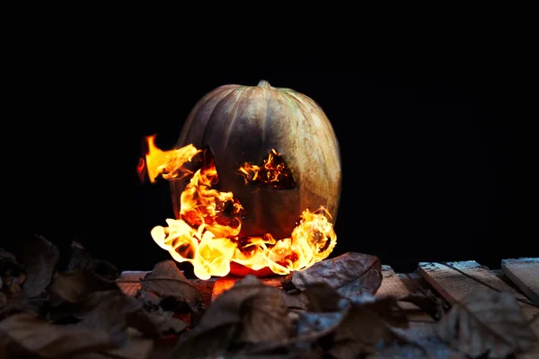 Calabaza de Halloween escupiendo llamas de fuego sobre un fondo negro —  Fotos de Stock