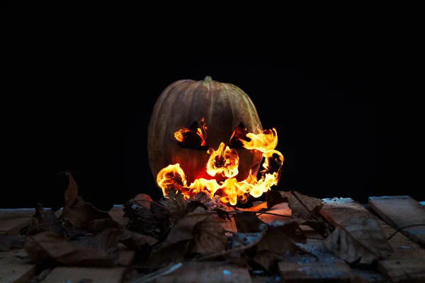 Halloween pumpa spyr eldslågor på svart bakgrund — Stockfoto