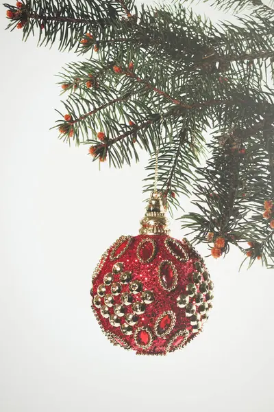 Ano Novo. No Natal. Bonito brinquedo redondo de Natal vermelho pendurado o — Fotografia de Stock