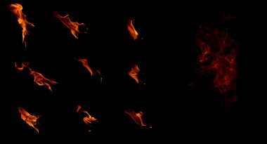 Set of isolated flames on a black background clipart